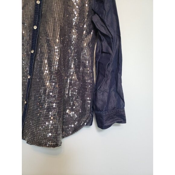 Chicos 2 Womens L Blouse Button Front All Over Sequins Chambray Long Sleeve - Picture 3 of 6